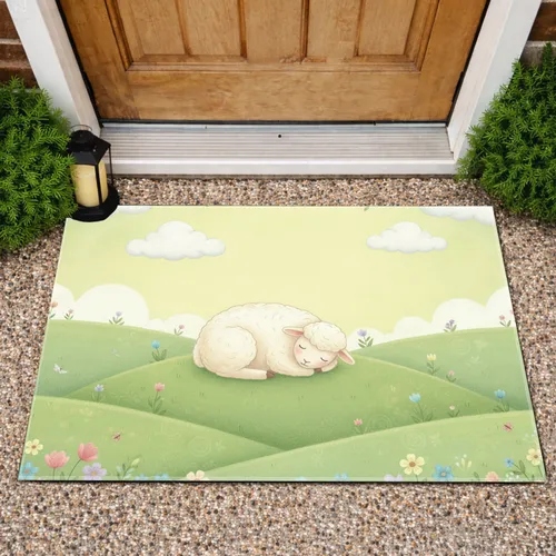 White Sheep Sleeping Green Hills Wildflowers - Home Decor Gift Doormat