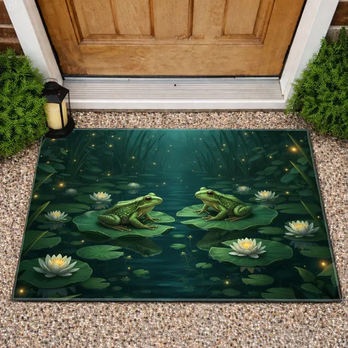 Green Frogs Lily Pads Water Lilies Fireflies Nocturnal Water Garden Home Decor Gift Doormat