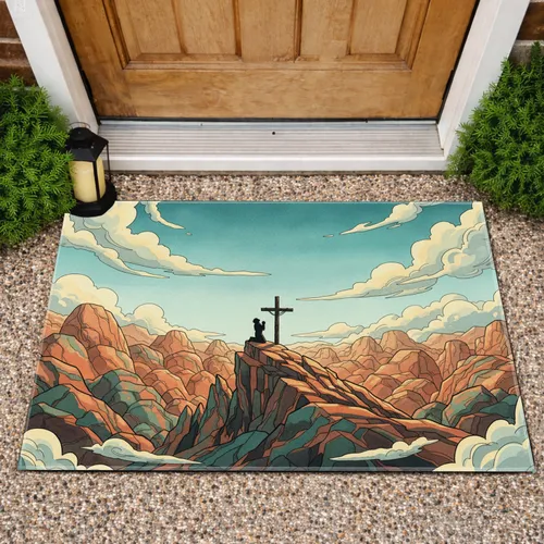 Silhouetted Kneeling Figure Wooden Cross Rugged Peak Boulders Landscape - Home Decor Gift Doormat