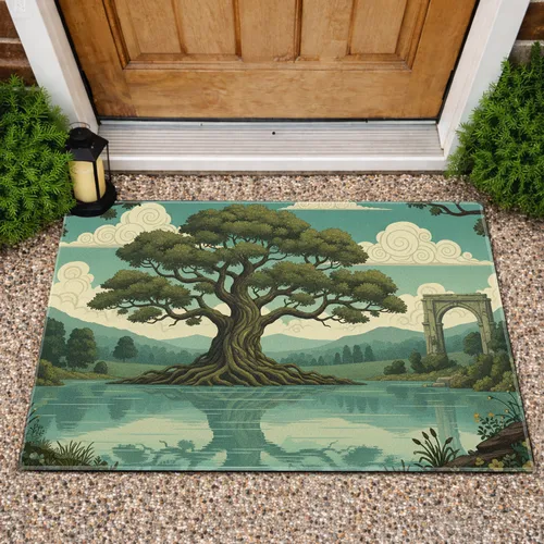 Ancient Gnarled Tree Winding Branches Lake Stone Archway Landscape - Home Decor Gift Doormat