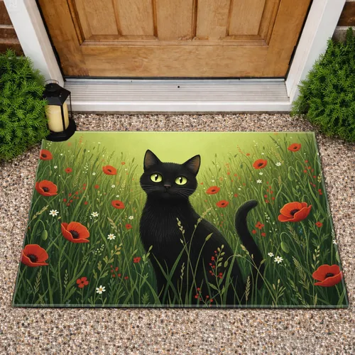 Black Cat Poppies Wildflowers - Home Decor Gift for Cat Lover Doormat