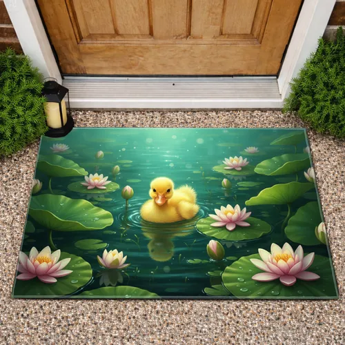 Fluffy Yellow Duckling Lily Pad Water Lily Glistening Pond - Home Decor Gift for Duck Lovers Doormat