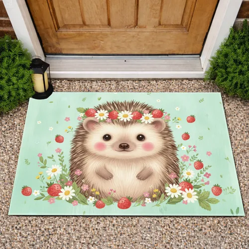 Fluffy Hedgehog Strawberry Daisy Floral Crown Meadow Scene - Wildlife Home Decor Gift Doormat