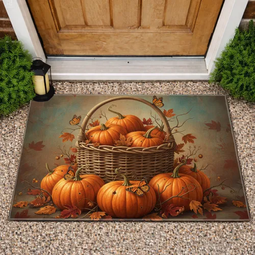 Rich Rustic Harvest Basket Pumpkins Monarch Butterflies - Fall Season Home Decor Doormat