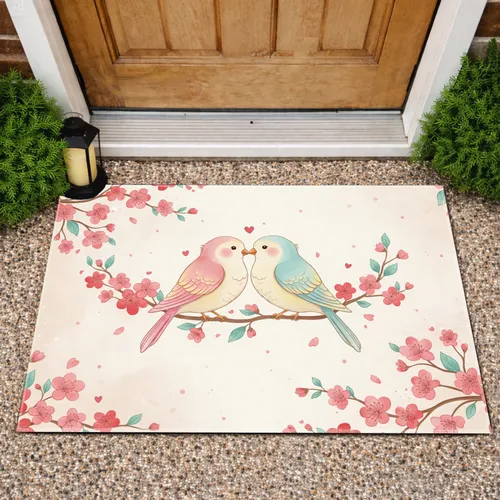 Cherry Blossom Lovebirds Hearts - Romantic Home Decor Gift for Couples Doormat