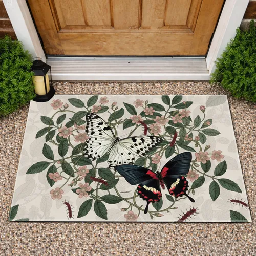 Intertwining Butterflies Botanical Branches Vines Flowers Leaves Centipede Insects - Home Decor Gift Doormat