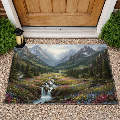 Grand Mountain Valley Waterfall Wildflower Meadow - Nature Lover Home Decor Gift Doormat