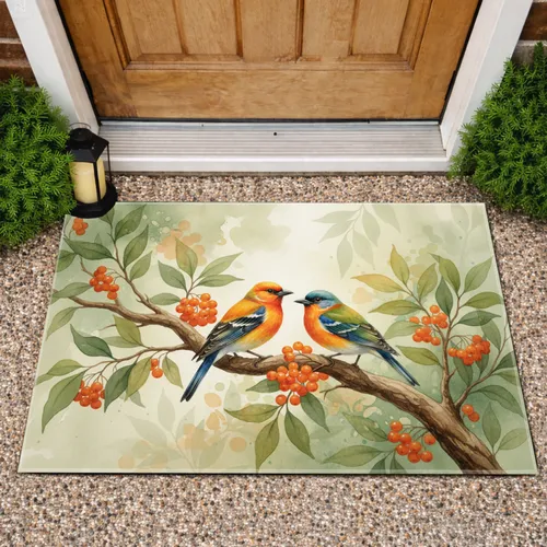 Vibrant Birds Orange Berries Gnarled Branch Botanical Leaves - Wildlife Lover Home Decor Gift Doormat