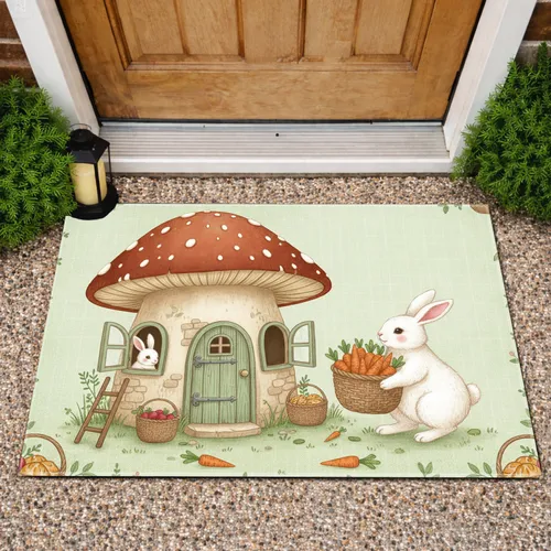 Storybook Rabbit Mushroom House - Garden Home Decor Gift for Bunny Lover Doormat