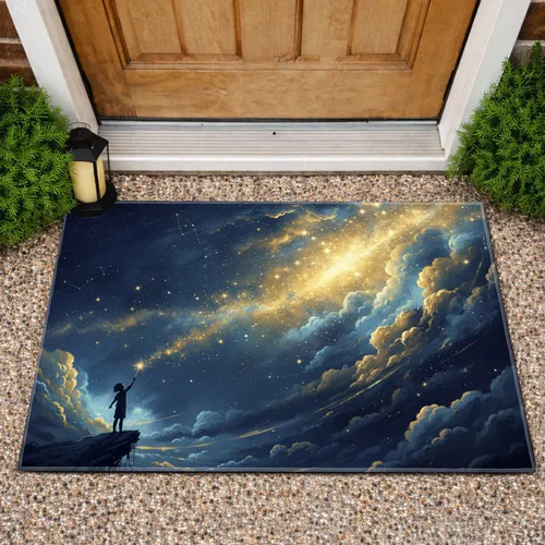 Silhouetted Child Figure Craggy Cliff Star Spark Golden Stars Cosmic Sky - Home Decor Gift Doormat