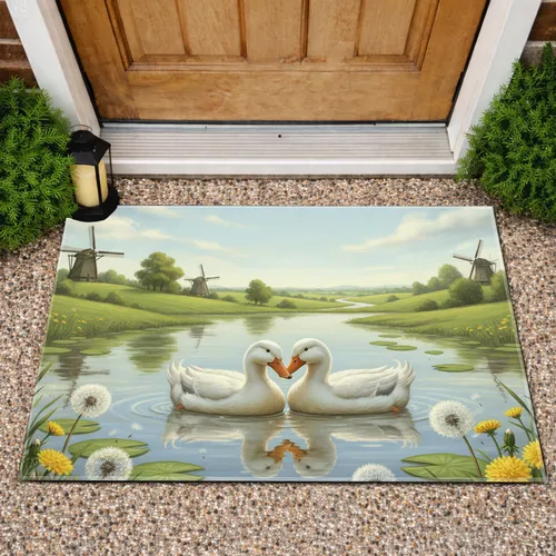 Fluffy White Ducks Pond Lily Pads Dandelions Green Hills Windmills - Nature Lover Gift Doormat