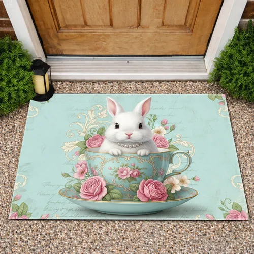 Baby Bunny Pearl Teacup Pink Roses Scrollwork - Home Decor Gift for Bunny Lover Doormat