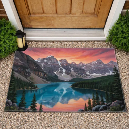 Snow Capped Mountain Lake Sunset Landscape - Home Decor Gift Doormat