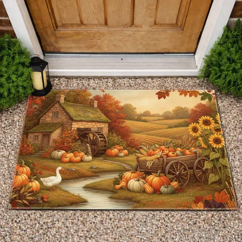 Autumn Harvest Cottage Water Mill Pumpkins - Farmhouse Home Decor Gift Doormat