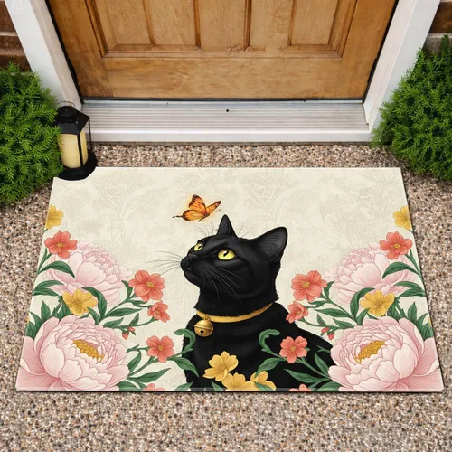 Black Cat Flower Garden Butterfly - Cat Lover Home Decor Gift Doormat