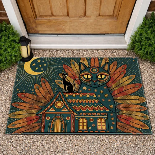Black Cats Yellow Moon Night Sky Folk Art House - Cat Lover Home Decor Gift Doormat