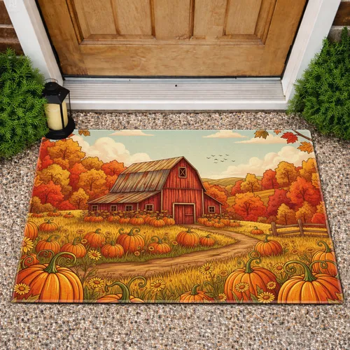 Rustic Red Barn Pumpkin Patch Autumn Foliage - Harvest Season Home Decor Doormat