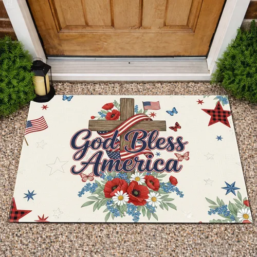 God Bless America Cross Flag Poppies - Independence Day Gift for Veterans Doormat