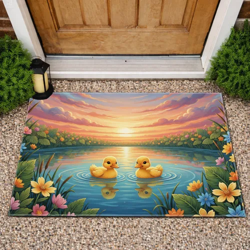 Ducklings Wildflower Sunset Pond - Wildlife Lover Home Decor Gift Doormat