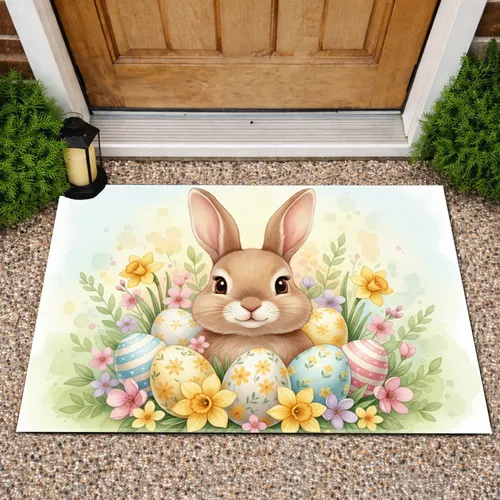 Easter Bunny Decorated Eggs Spring Flowers - Easter Celebration Gift Doormat