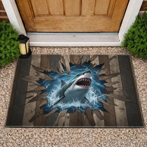 Breaching Great White Shark Ocean Waves - Home Decor Gift for Marine Life Lover Doormat