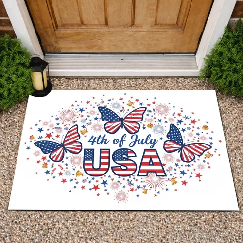 USA Flag Butterflies 4th of July Stars - Independence Day Decor Doormat