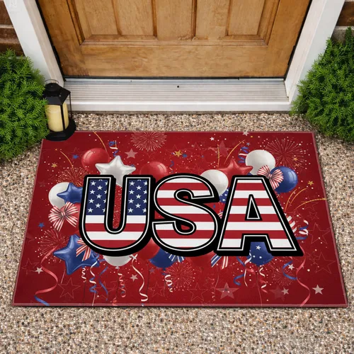 USA Flag Letters Fireworks Balloons Confetti - Independence Day Patriotic Celebration Doormat