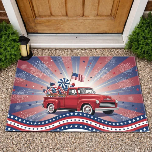 Classic Red Pickup Truck Fireworks Flag Pinwheel - Independence Day Celebration Doormat