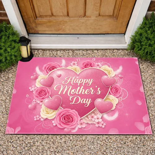 Pink Heart Happy Mother's Day Roses Blossoms White Accents - Mother's Day Gift Doormat