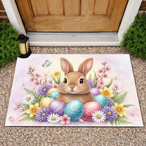 Easter Bunny Decorated Eggs Spring Flowers - Easter Holiday Gift Doormat