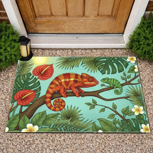 Panther Chameleon Tropical Foliage Sun - Wildlife Home Decor Gift for Nature Lovers Doormat