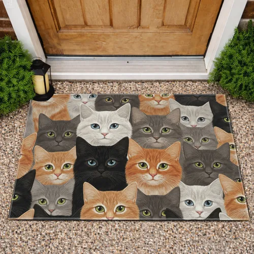Black White Grey Ginger Cat Faces Expressive Eyes - Home Decor Gift for Cat Lover Doormat