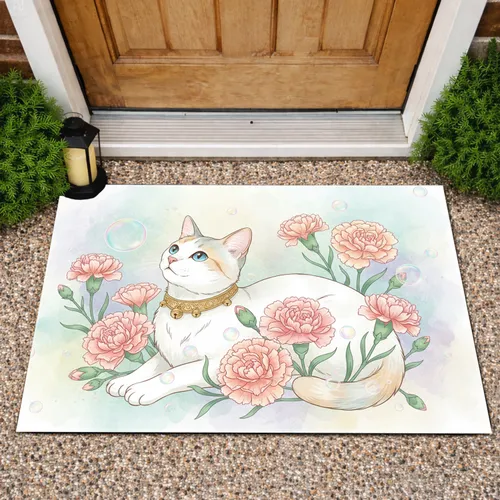 White Cat Carnation Flowers Home Decor Gift for Cat Lovers Doormat