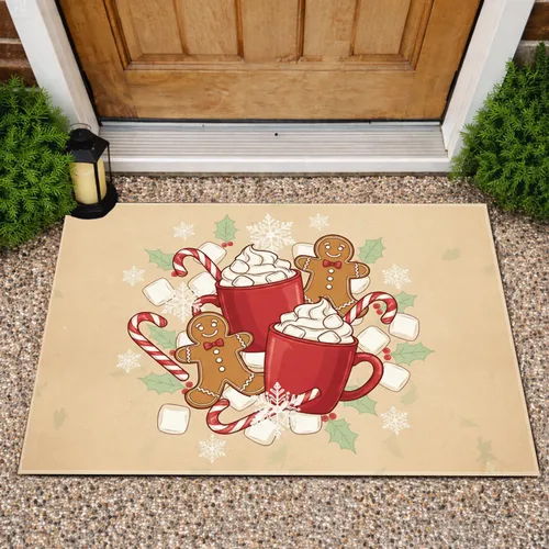 Gingerbread Men Candy Canes Whipped Cream Mugs Snowflakes - Christmas Holiday Decor Doormat