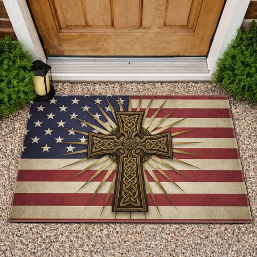 Winged Cross American Flag Celtic Knot - Independence Day Gift for Veterans Doormat