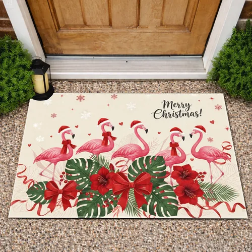 Pink Flamingos Santa Hats Monstera Amaryllis - Christmas Gift Doormat