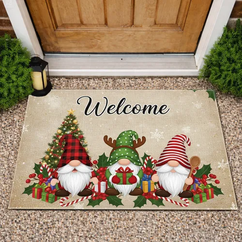 Three Christmas Gnomes Welcome Gifts Holly Christmas Tree Snowflakes - Christmas Holiday Decor Doormat