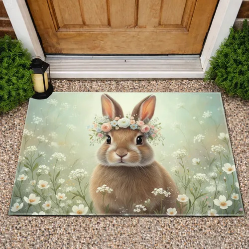 Brown Rabbit Floral Crown Wildflowers - Home Decor Gift for Rabbit Lover Doormat