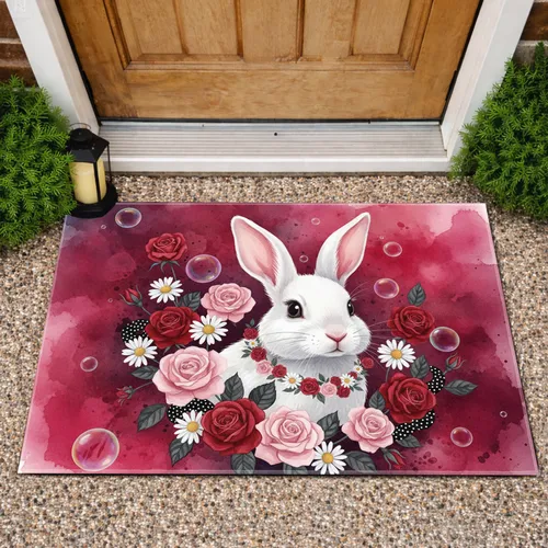 White Rabbit Rose Daisy Floral Garland - Home Decor Gift for Wildlife Lover Doormat