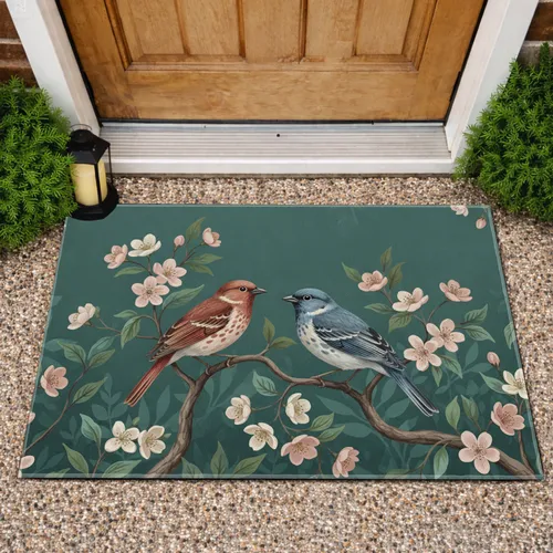 Two Songbirds Wildlife Floral Blossoms and Greenery - Home Decor Gift for Nature Lover Doormat