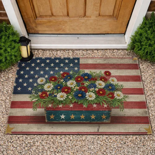 Patriotic Floral Planter American Flag Wood - Independence Day Gift for Veterans Doormat