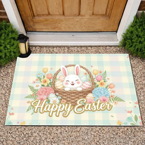 Happy Easter Lettering Bunny Eggs Basket - Easter Holiday Decor Doormat