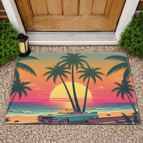 Retro-futuristic Beach Sunset Car Palm Trees - Home Decor Gift Doormat