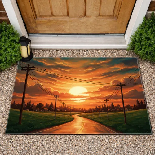 Dramatic Sunset Sky Silhouettes Utility Poles Rural Road Landscape - Home Decor Gift Doormat