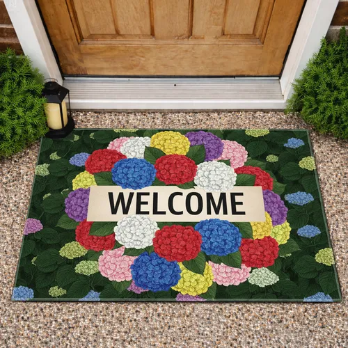 Vibrant Botanical Hydrangea Garden Welcome Message Home Decor Gift for Entryway Doormat