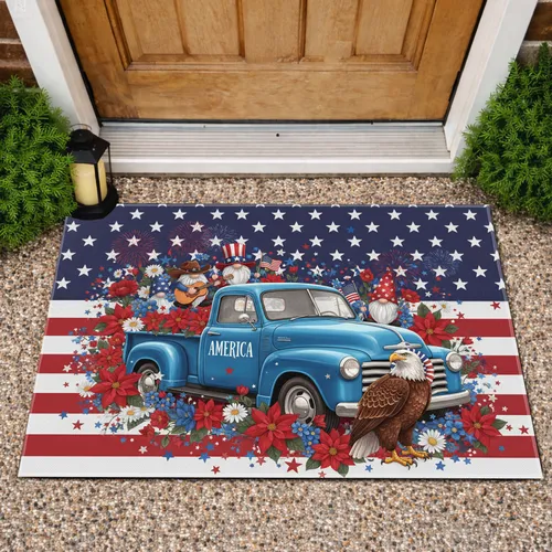 Patriotic Vintage Pickup Truck Gnomes Bald Eagle - Independence Day Home Decor Doormat