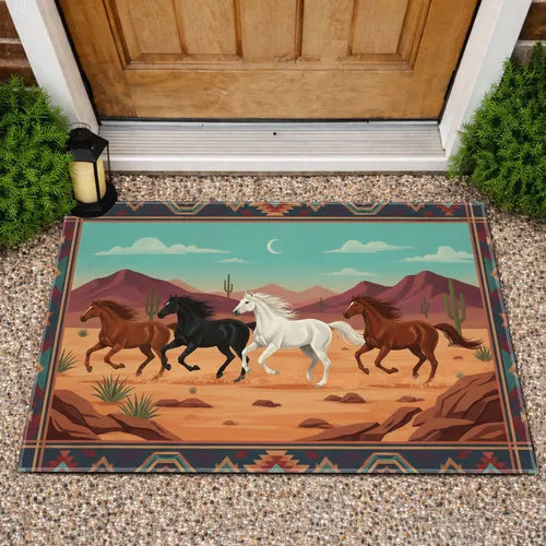 Wild Horses Desert Landscape Southwestern Tribal Borders - Western Home Decor Gift for Horse Lover Doormat