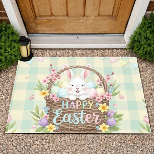 White Easter Bunny Eggs Basket 'Happy Easter' - Spring Holiday Decor Gift Doormat
