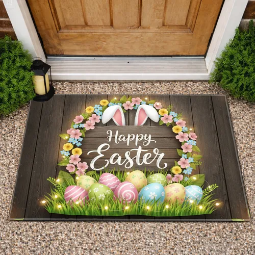 Happy Easter Sign Bunny Ears Decorated Eggs Floral Wreath - Rustic Spring Holiday Home Decor Doormat