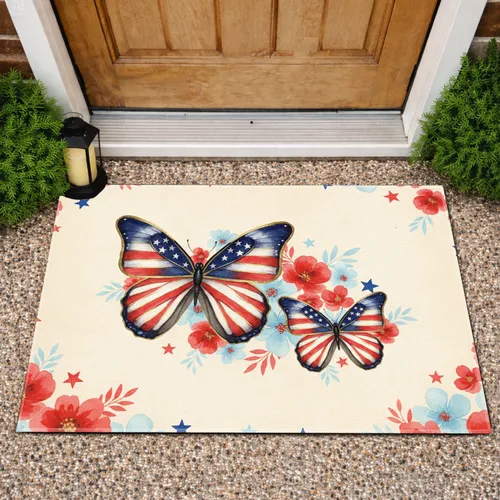 Stripes and Stars American Flag Floral Butterflies Independence Day Gift for Veterans Doormat
